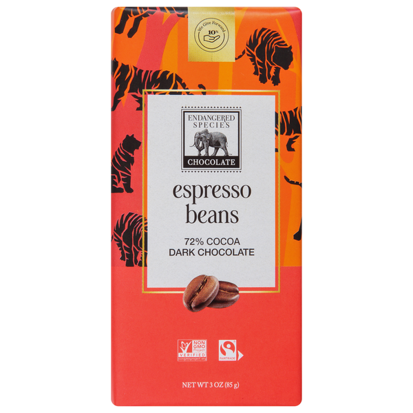 Candy & Chocolate Endangered Species Dark Chocolate, Espresso Beans, 72% Cocoa hero