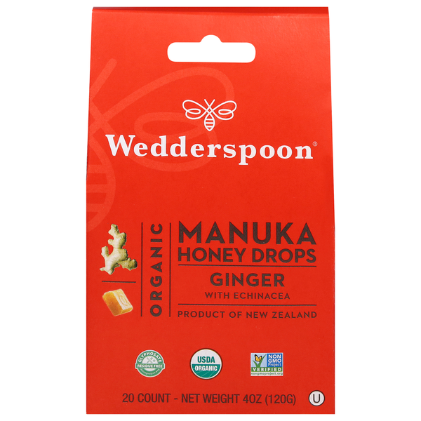 Wedderspoon Honey Drops, Organic, Manuka, Ginger with Echinacea hero