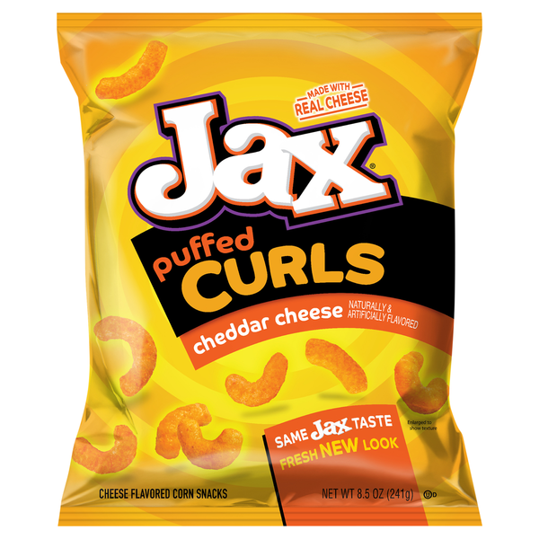 Jax Flavored Corn Snacks, Cheddar Cheese, Puffed Curls hero