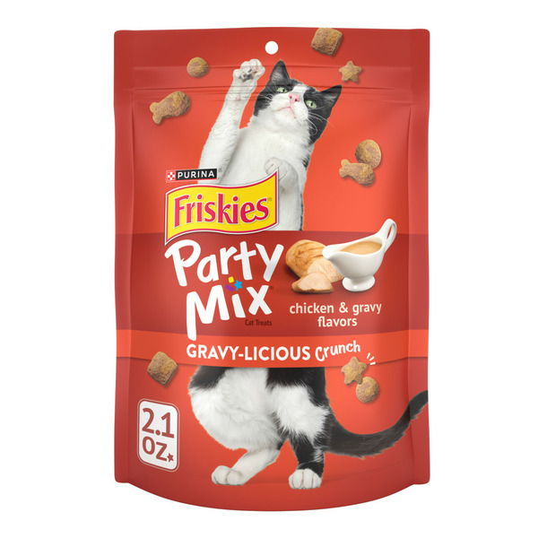 Cat Food & Care Purina Friskies Cat Treats, Party Mix Gravy-licious Crunch Chicken and Gravy Flavors hero