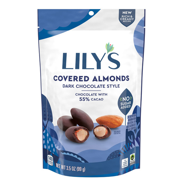 Juice & Nectars Lily's Dark Chocolate Style No Sugar Added Covered Almonds hero