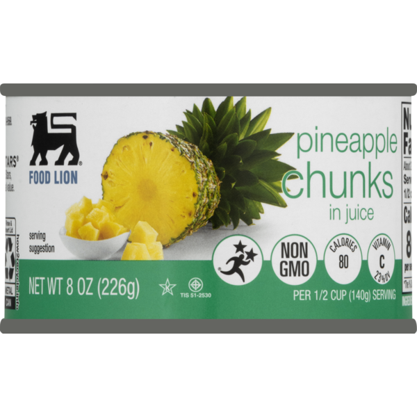 Canned Fruit & Applesauce Food Lion Pineapple Chunks, In Juice, Can hero