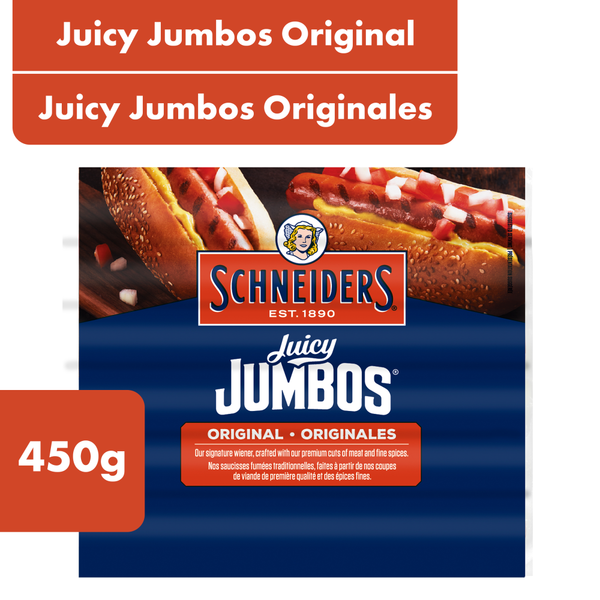 Hot Dogs, Bacon & Sausage Schneiders Juicy Jumbos Original Hot Dogs hero