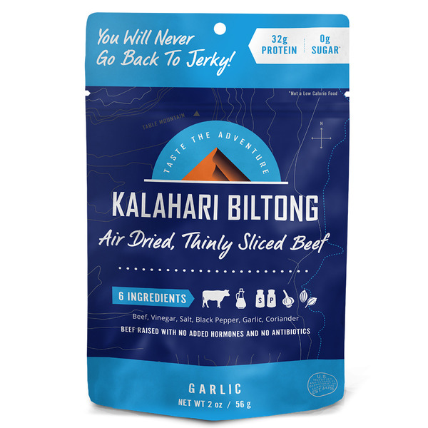 Popcorn & Jerky Kalahari Snacks Garlic Beef Biltong, Air Dried Meat Snack hero