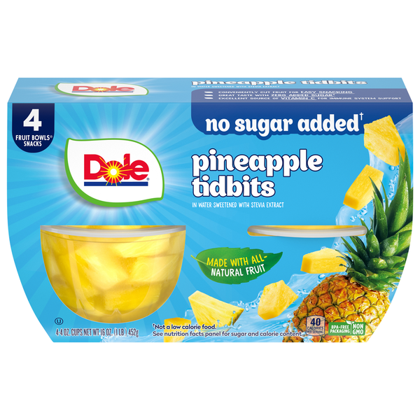 Canned Fruit & Applesauce Dole Pineapple Tidbits, in Water Sweetened with Stevia Extract hero