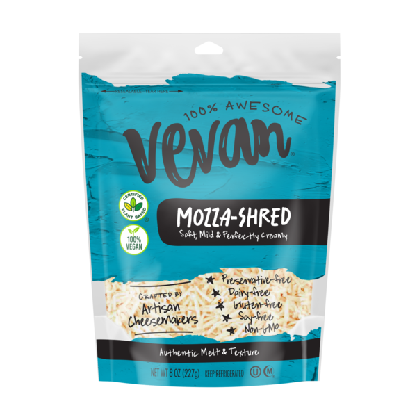 Packaged Cheese Vevan Mozza, Plant-Based Shredded Mozzarella Cheese hero