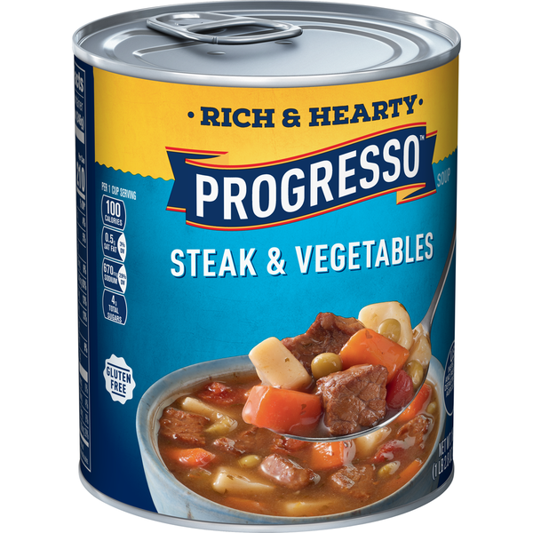 Soup, Broth & Bouillon Progresso Rich & Hearty, Steak & Vegetables Canned Soup, Gluten Free hero