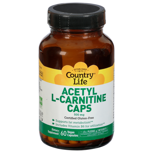 Amino Acids Country Life Acetyl L-Carnitine Caps, 500 mg, Vegan Capsules hero