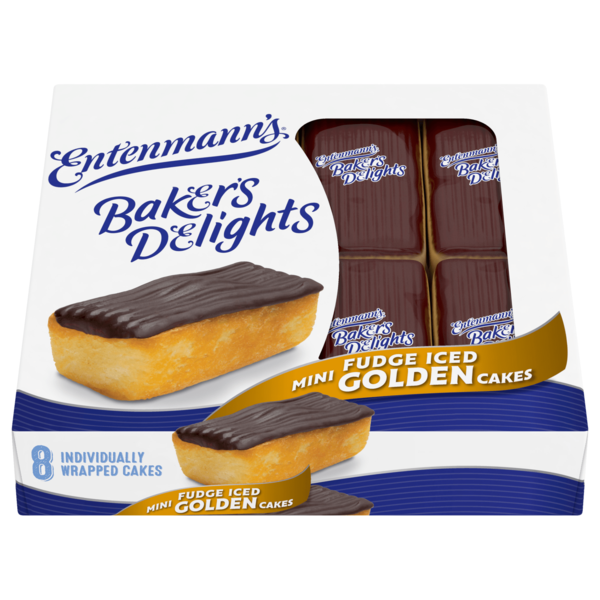 Bakery Desserts Entenmann's Baker's Delights, 8 packs, Fudge Iced Golden Mini Cakes hero