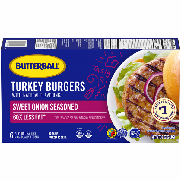 Frozen Meat & Chicken Butterball Sweet Onion Seasoned Frozen Turkey Burgers hero