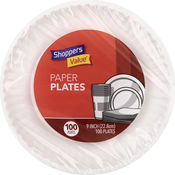 Plates, Bowls, Cups & Flatware Shoppers Value Paper Plates, 9 Inch hero