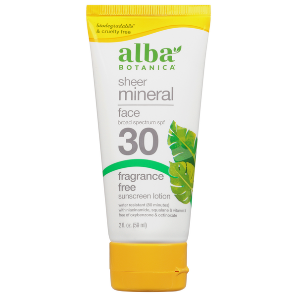 Alba Botanica Sunscreen Lotion, Sheer Mineral, Fragrance Free, Face, Broad Spectrum SPF 30 hero