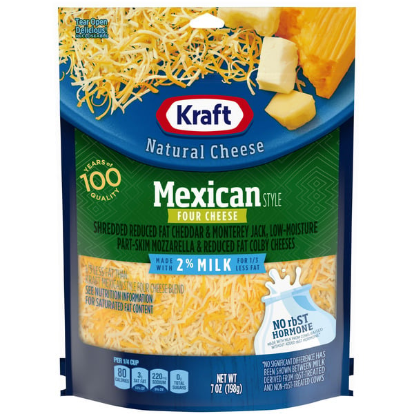 Packaged Cheese Kraft Mexican Style Four Cheese Blend Shredded Cheese with 2% Milk hero