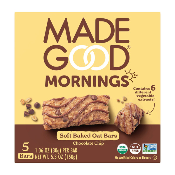 MadeGood Mornings Chocolate Chip Soft Baked Oat Bars hero