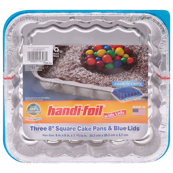 Baking Supplies & Decor Handi-foil Cake Pans & Blue Lids, Square, 8 Inch hero