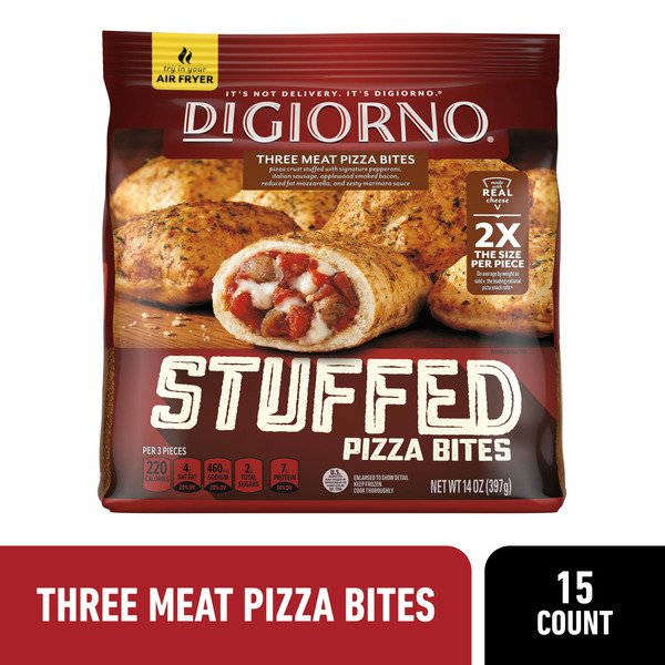 Frozen Pizza DiGiorno Stuffed Pizza Bites Three Meat Pizza Bites Frozen Snacks hero