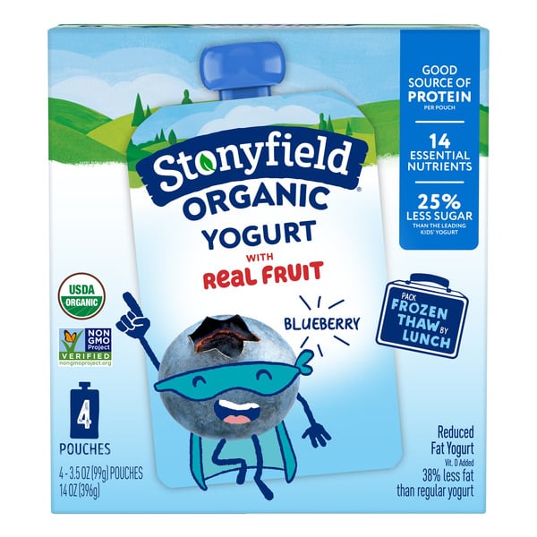 Yogurt Stonyfield Organic Reduced Fat Yogurt Pouches Blueberry hero