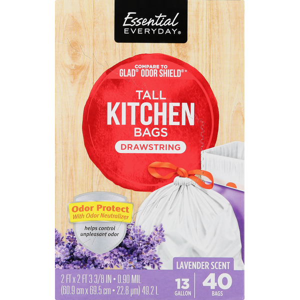 Trash Bags & Liners Essential Everyday Tall Kitchen Bags, Drawstring, Odor Protect, Lavender Scent hero