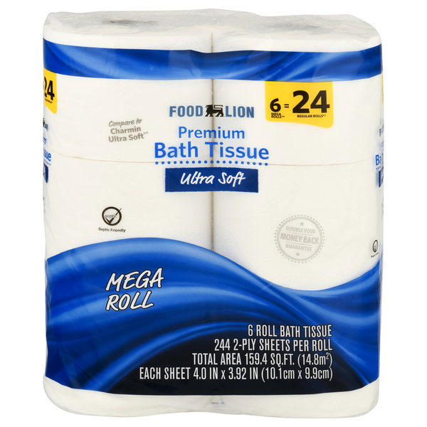 Paper Goods Food Lion Bath Tissue, Premium, Ultra Soft, Mega Roll, 2-Ply hero