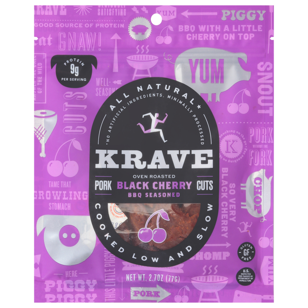 Popcorn & Jerky KRAVE Pork Cuts, Black Cherry, Oven Roasted, BBQ Seasoned hero