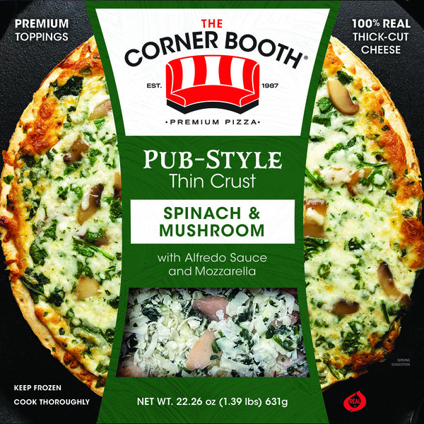 Frozen Meals The Corner Booth Pub-Style, Thin Crust, Spinach & Mushroom Pizza hero