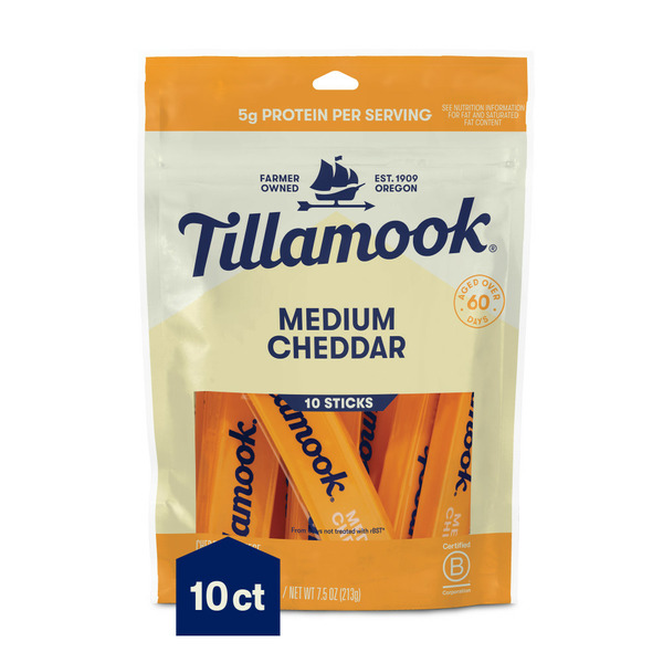 Packaged Cheese Tillamook Medium Cheddar Cheese Sticks hero