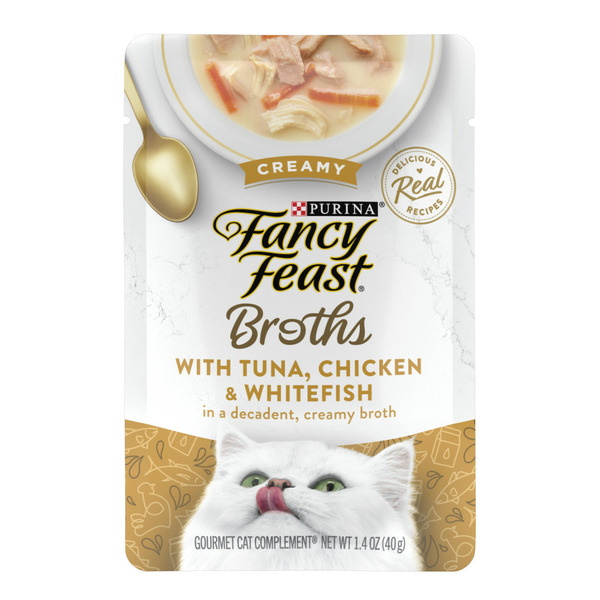 Cat Food & Care Purina Fancy Feast Lickable Wet Cat Food Broth Topper, Creamy With Tuna, Chicken, and Whitefish hero