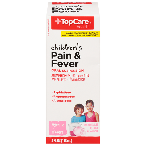 Cold, Flu & Allergy TopCare Children's Pain Reliever & Fever Reducer Acetaminophen, 160 Mg Per 5 Ml Oral Suspension, Bubble Gum hero