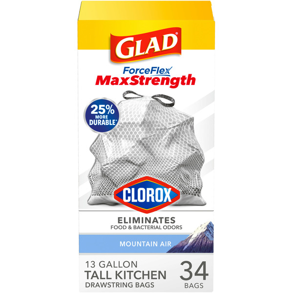 Cleaning Products Glad ForceFlex MaxStrength with Clorox™ Tall Kitchen Trash Bags, 13 Gal, Mountain Air hero