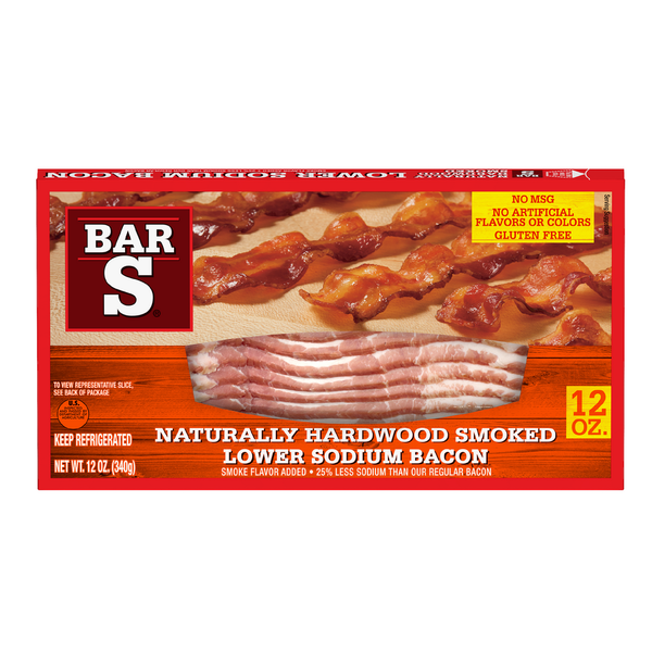 Hot Dogs, Bacon & Sausage Bar-S Naturally Hardwood Smoked Lower Sodium Bacon,  Hickory Smoked Flavor hero