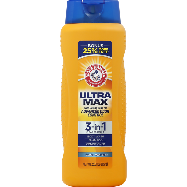 Body Lotions & Soap Arm & Hammer Body Wash/Shampoo/Conditioner, 3-in-1 Clear Formula, Ultra Max, Cool Water hero