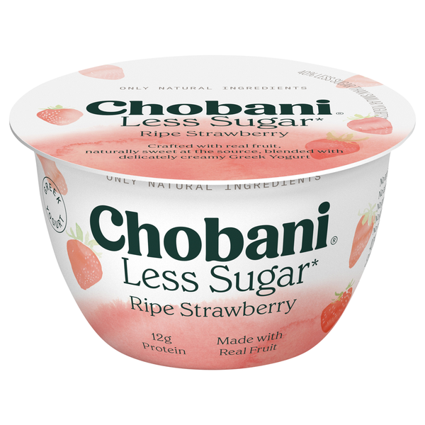 Yogurt, Kefir & Smoothies Chobani Yogurt, Greek, Less Sugar, Reduced Fat, Ripe Strawberry hero