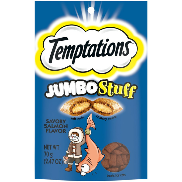 Cat Food & Care TEMPTATIONS Jumbo Stuff Crunchy and Soft Cat Treats Savory Salmon Flavor hero