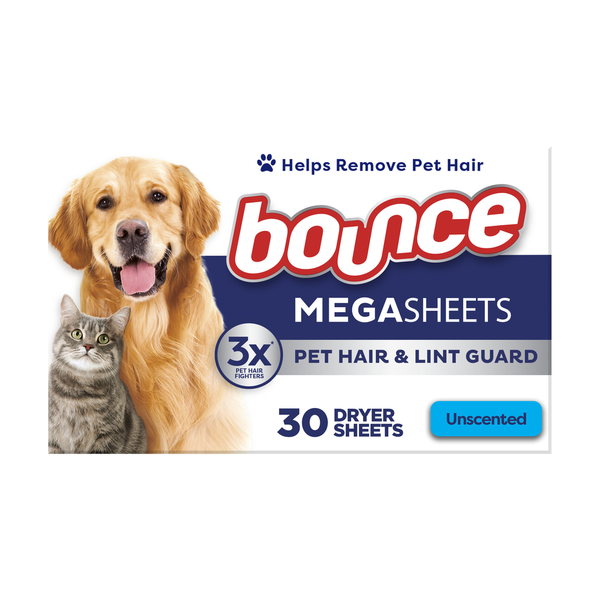 Laundry Bounce Pet Hair and Lint Guard Mega Dryer Sheets with 3X Pet Hair Fighters, Unscented hero