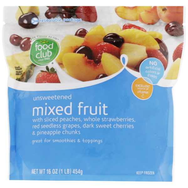 Canned Fruit & Applesauce Food Club Unsweetened Mixed Fruit With Sliced Peaches, Whole Strawberries, Red Seedless Grapes, Dark Sweet Cherries & Pineapple Chunks hero