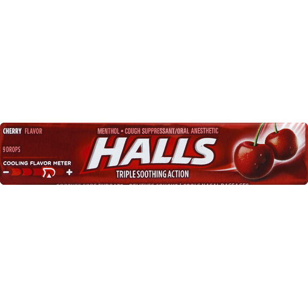 Cold, Flu & Allergy Halls Relief Cherry Cough Suppressant Oral Anesthetic Menthol Drops hero