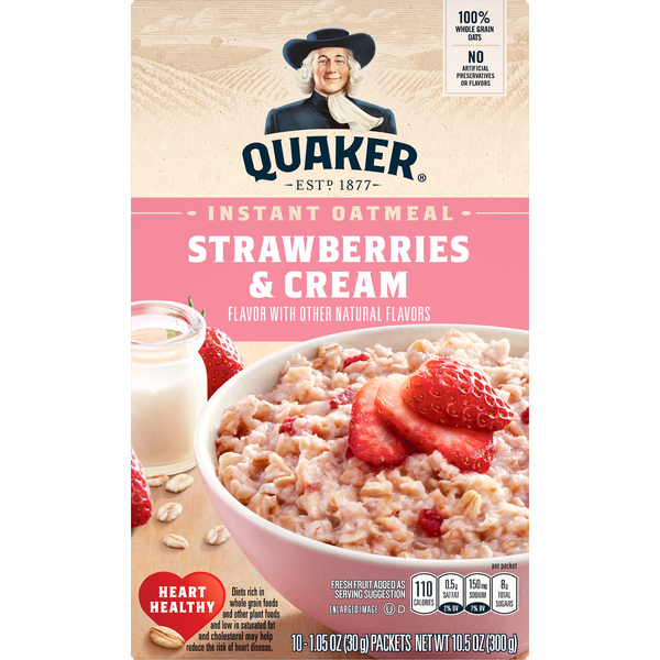 Hot Cereal & Pancake Mixes Quaker Instant Oatmeal, Strawberries & Cream, 10 Pack hero