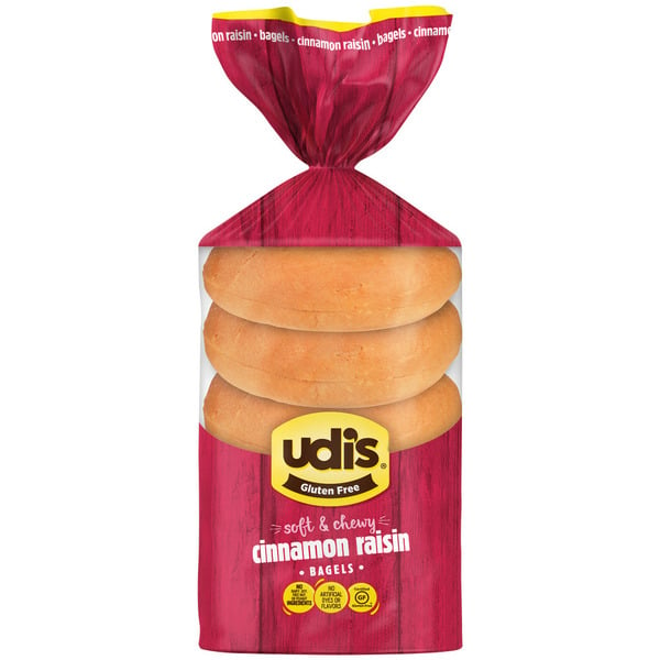 Bread Udi's Gluten Free Cinnamon Raisin Bagels, Frozen hero