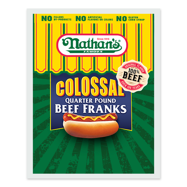 Hot Dogs & Sausage Nathan’s Famous Beef Franks, Colosal, Quarter Pound, Family Pack hero