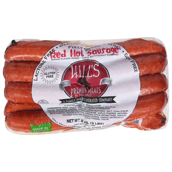 Hot Dogs, Bacon & Sausage Hills Premium Meats Sausage, Red Hot hero