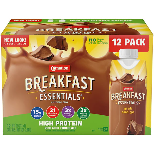 Breakfast Breads, Donuts & More Carnation Breakfast Essentials Nutritional Drink, Rich Milk Chocolate, High Protein, 12 Pack hero