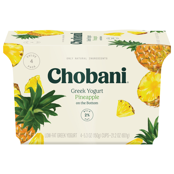 Yogurt Chobani Yogurt, Low-Fat, Greek, Pineapple, 4 Value Pack hero