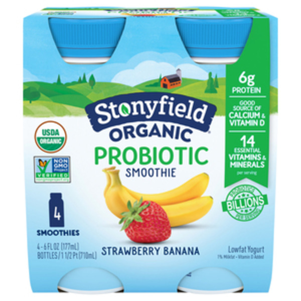 Yogurt Stonyfield Organic Probiotic Lowfat Yogurt Smoothies Strawberry Banana hero