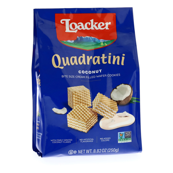 Cookies & Cakes Loacker Quadratini Coconut, Bite-size Wafer Cookies hero