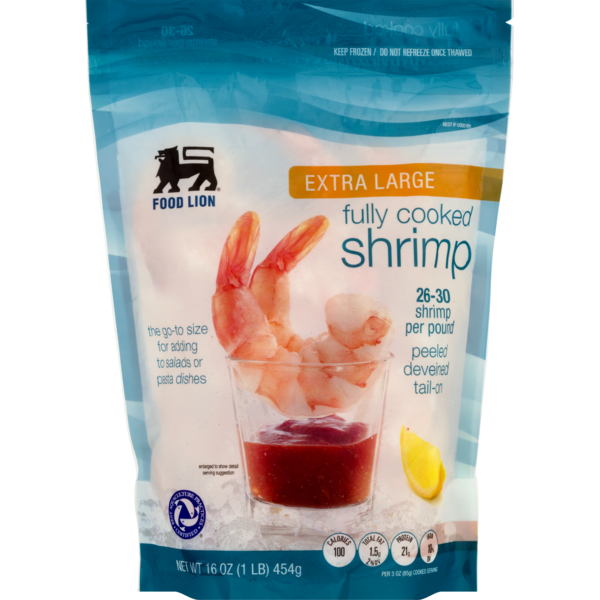 Frozen Shrimp & Shellfish Food Lion Cooked Extra Large Shrimp, Peeled & Deveined, Tail-On, Ready to Serve, 26-30 hero