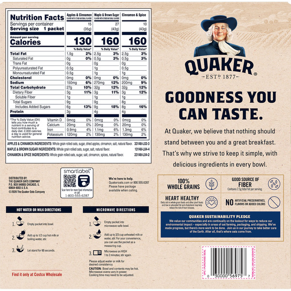 Quaker Instant Oatmeal, Variety Pack, 1.51 oz, 52 count