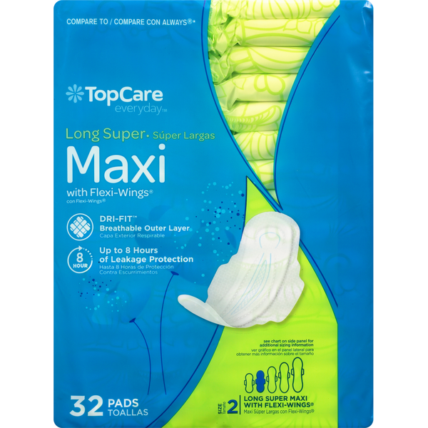 Feminine Care TopCare Pads, Maxi, with Flexi-Wings, Long Super, Size 2 hero