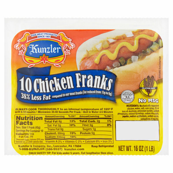 Hot Dogs, Bacon & Sausage Kunzler Chicken Franks 10 Count 16 Oz hero