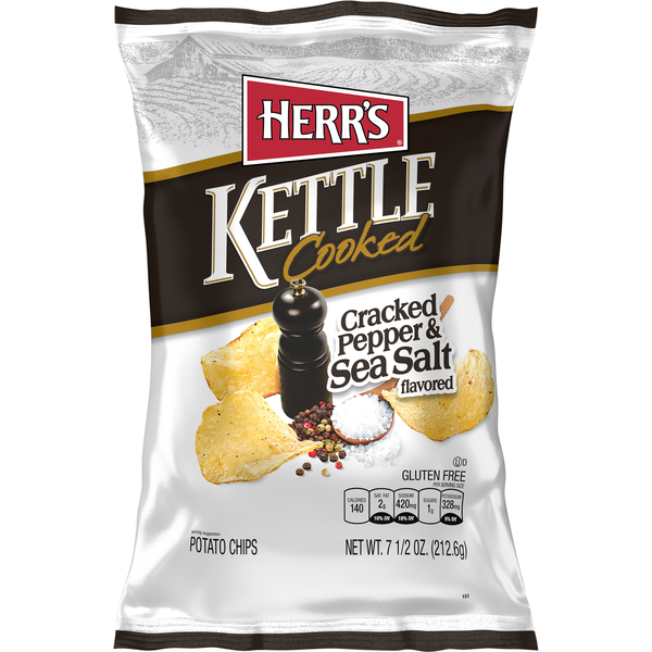 Chips & Pretzels Herr's Potato Chips, Cracked Pepper & Sea Salt Flavored, Kettle Cooked hero