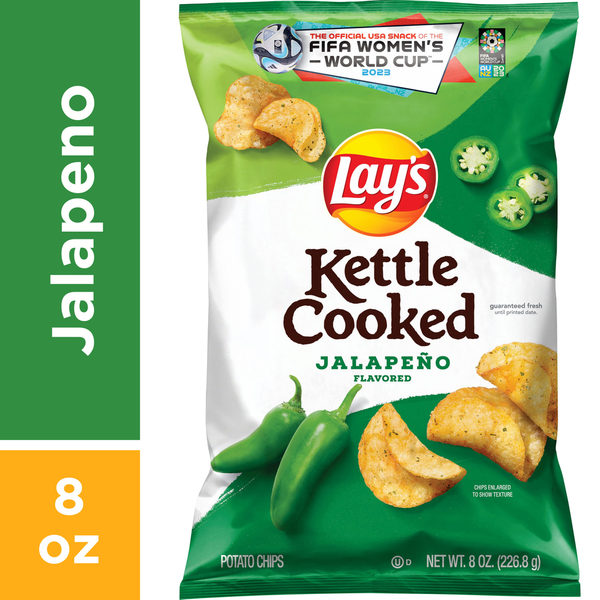 Snacks Lay's Kettle Cooked Potato Chips, Jalapeno Flavored hero